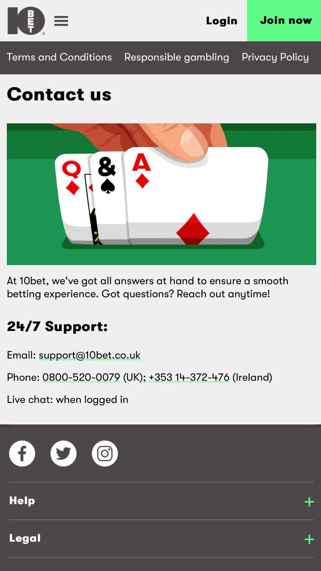 Screenshot for 10Bet Casino with caption: 10Bet Contact