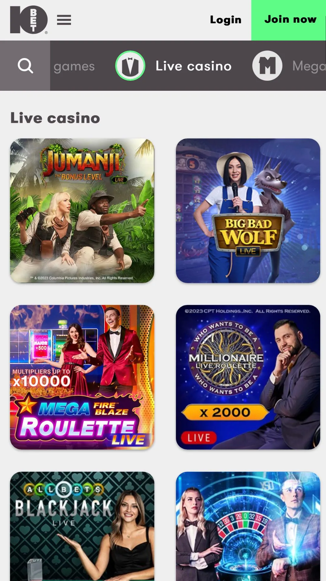 Screenshot for 10Bet Casino with caption: 10Bet Live Casino