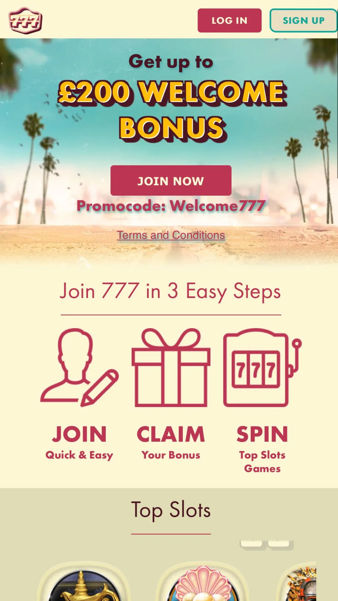 Screenshot for 777 Casino with caption: 777 Casino Home