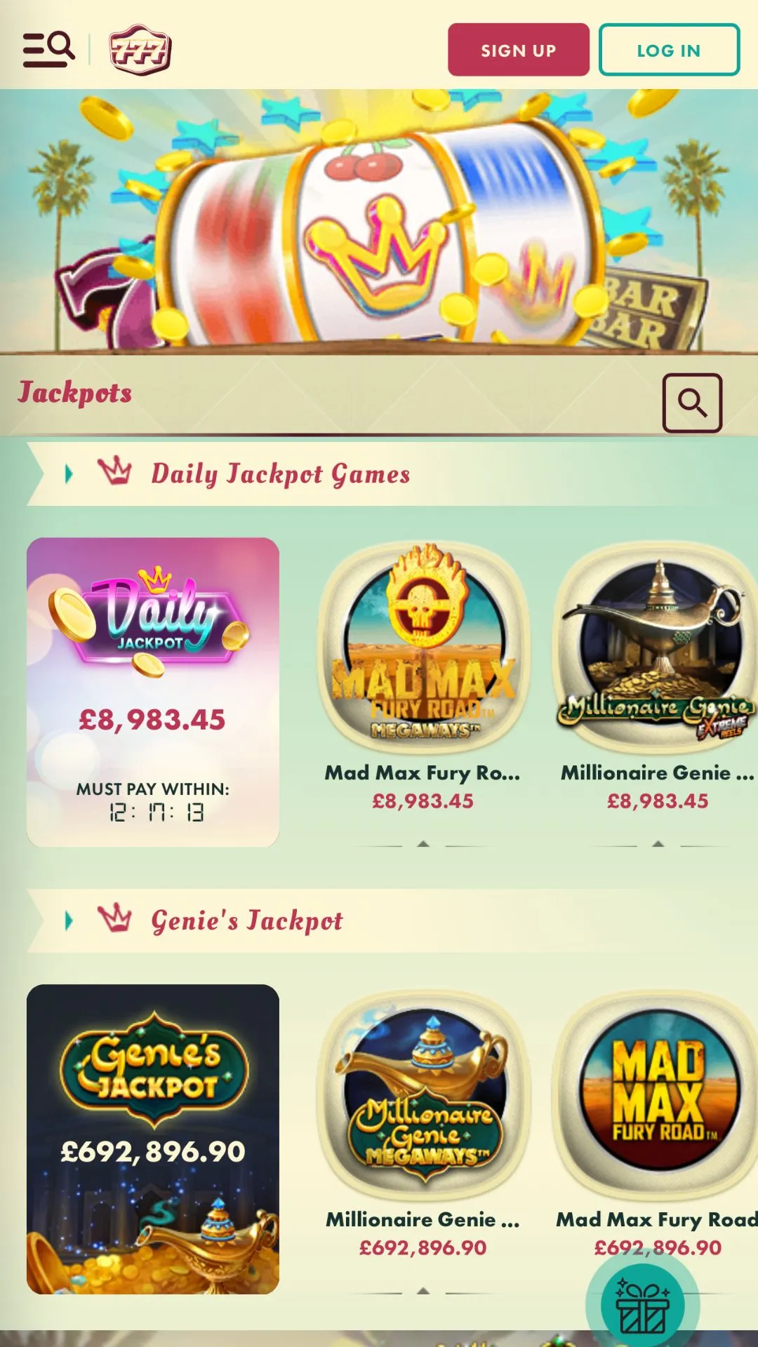 Screenshot for 777 Casino with caption: 777 Casino Jackpots