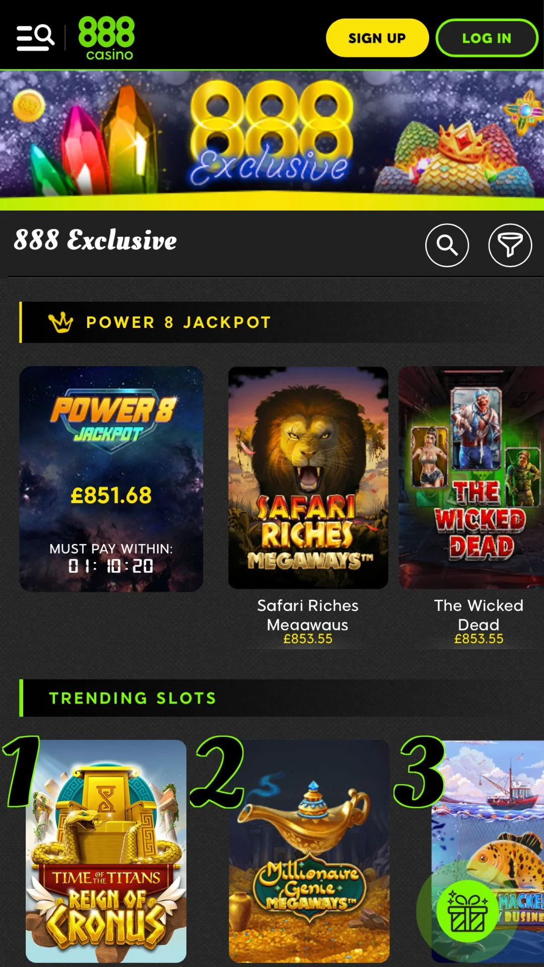 Screenshot for 888casino Casino with caption: 888 Exclusives