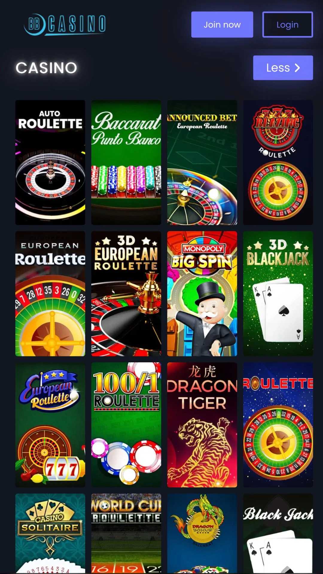 Screenshot for BBCasino with caption: BB Casino Games