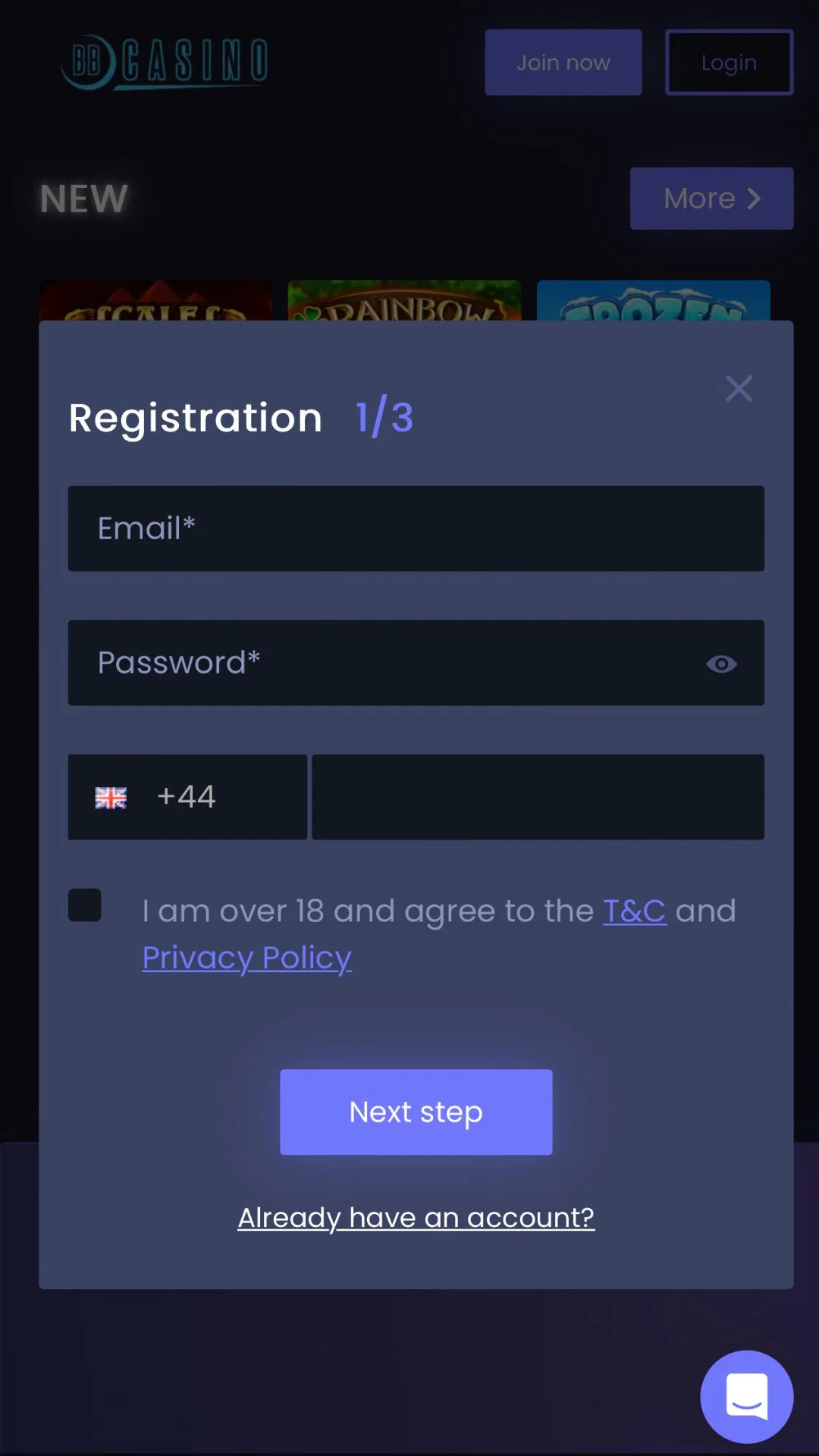 Screenshot for BBCasino with caption: BB Casino Registration