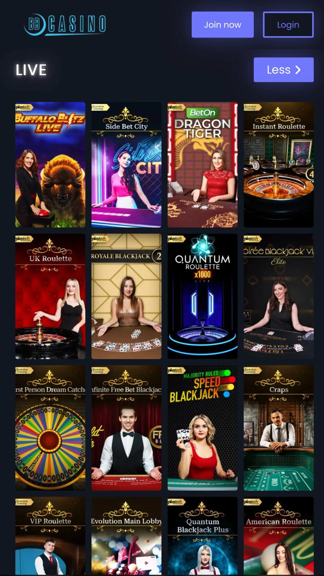 Screenshot for BBCasino with caption: BB Casino Live Games