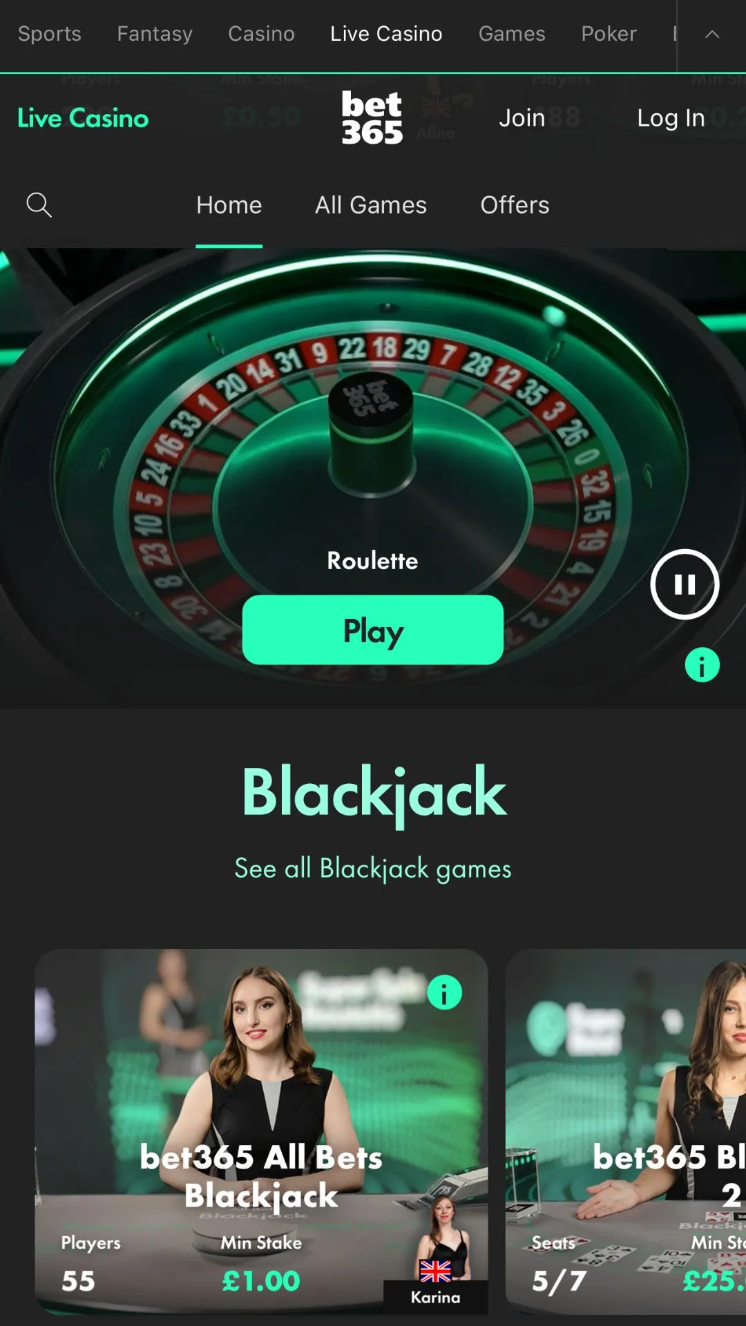 Screenshot for bet365 Casino with caption: Bet365 Blackjack