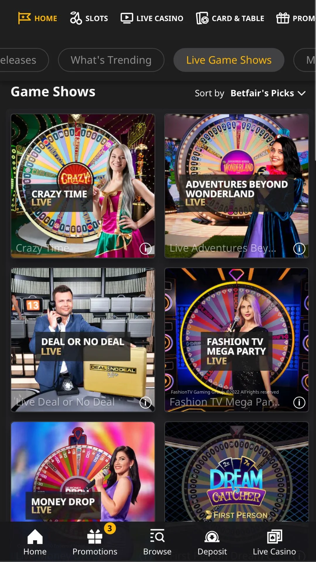 Screenshot for Betfair Casino with caption: Betfair Casino Game Shows