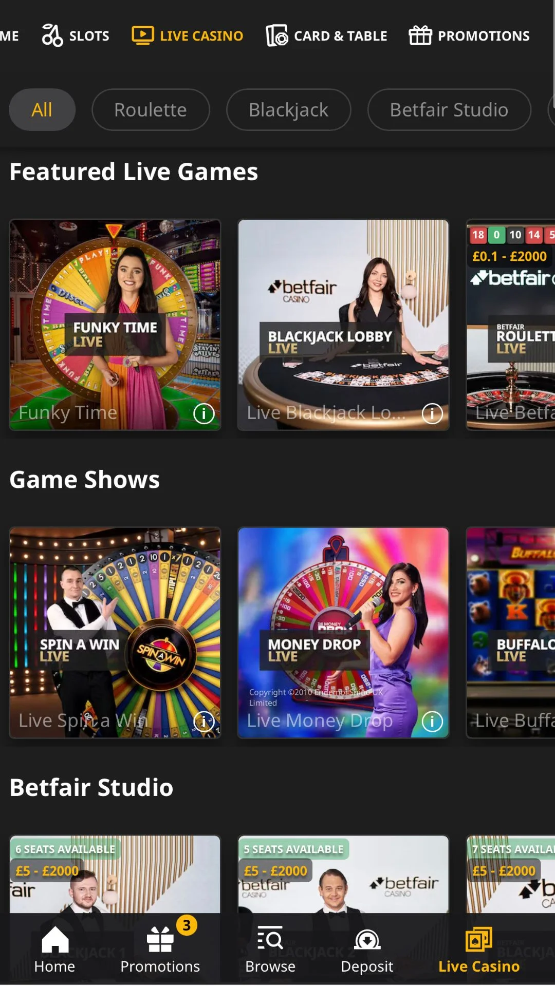 Screenshot for Betfair Casino with caption: Betfair Live Casino Games