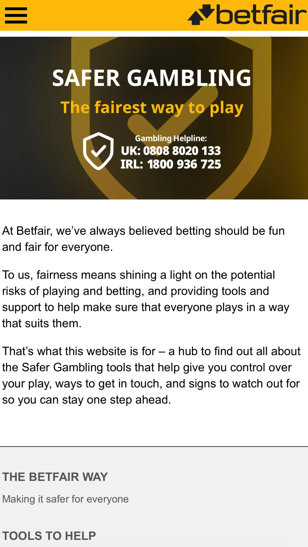 Screenshot for Betfair Casino with caption: Betfair Casino Safe Gambling