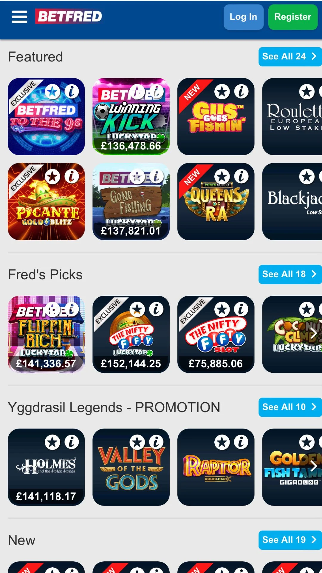 Screenshot for Betfred Casino with caption: Betfred Featured Games