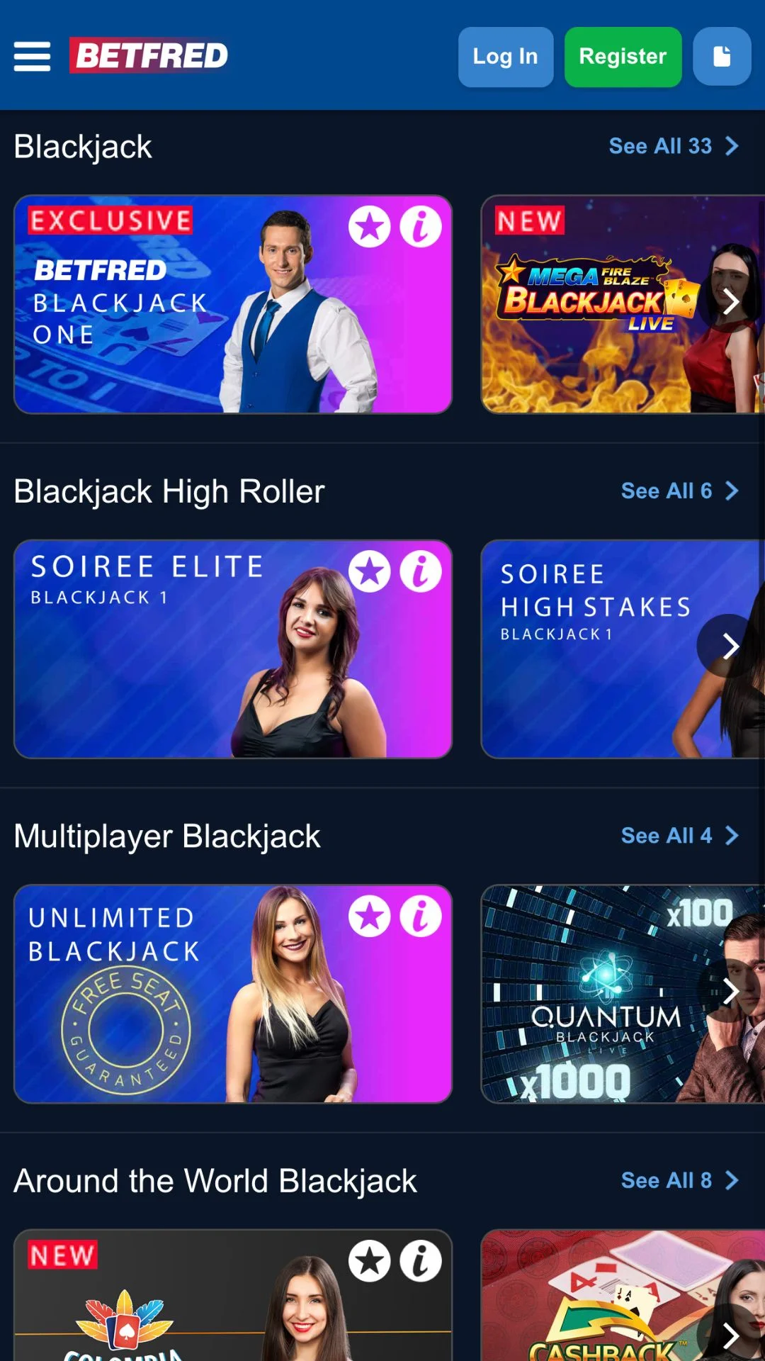 Screenshot for Betfred Casino with caption: Betfred Blacjack Games