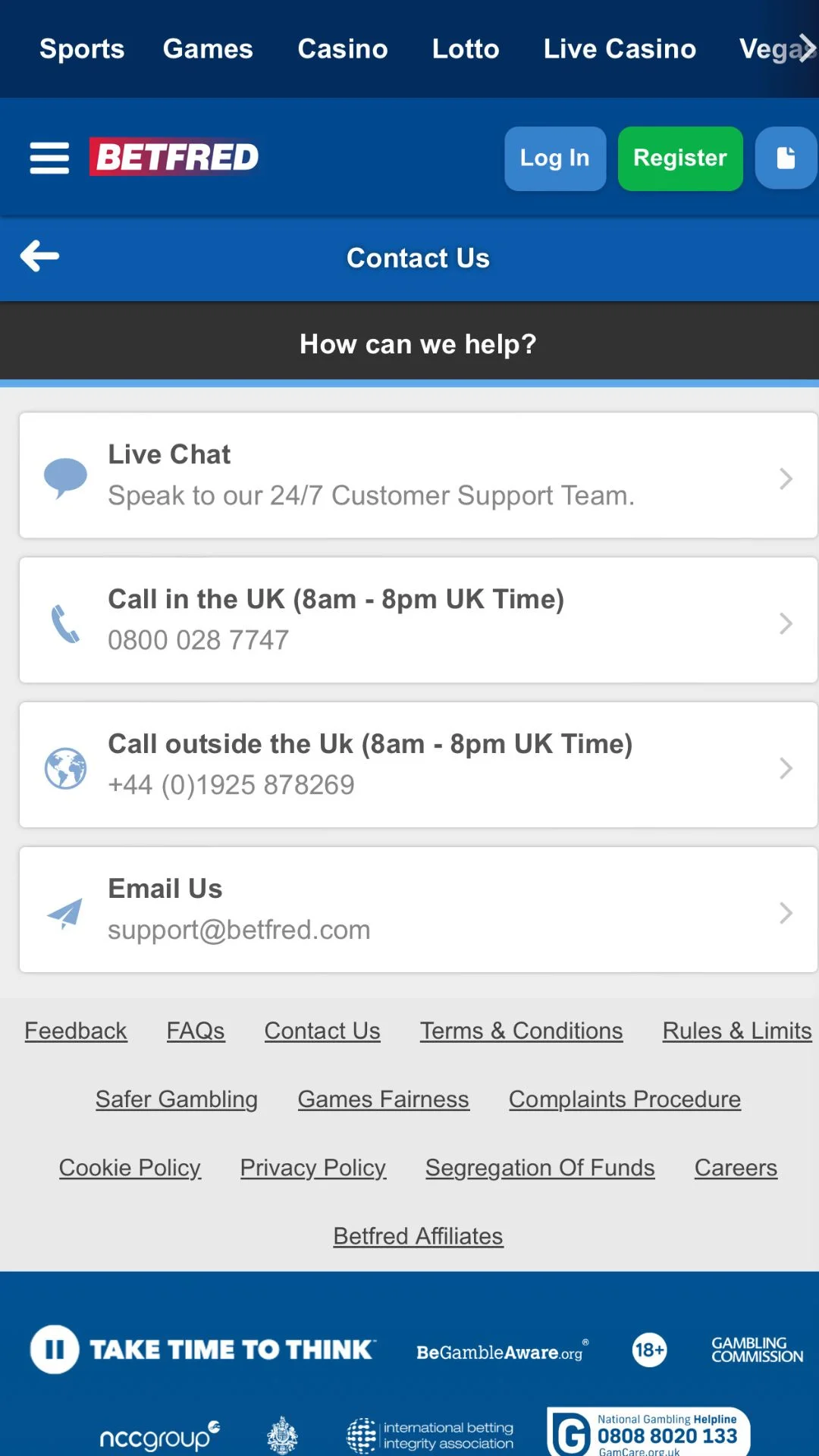 Screenshot for Betfred Casino with caption: Betfred Casino Contact