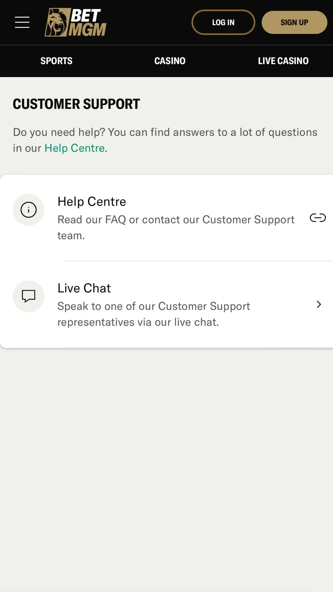 Screenshot for BetMGM Casino with caption: BetMGM Casino Support