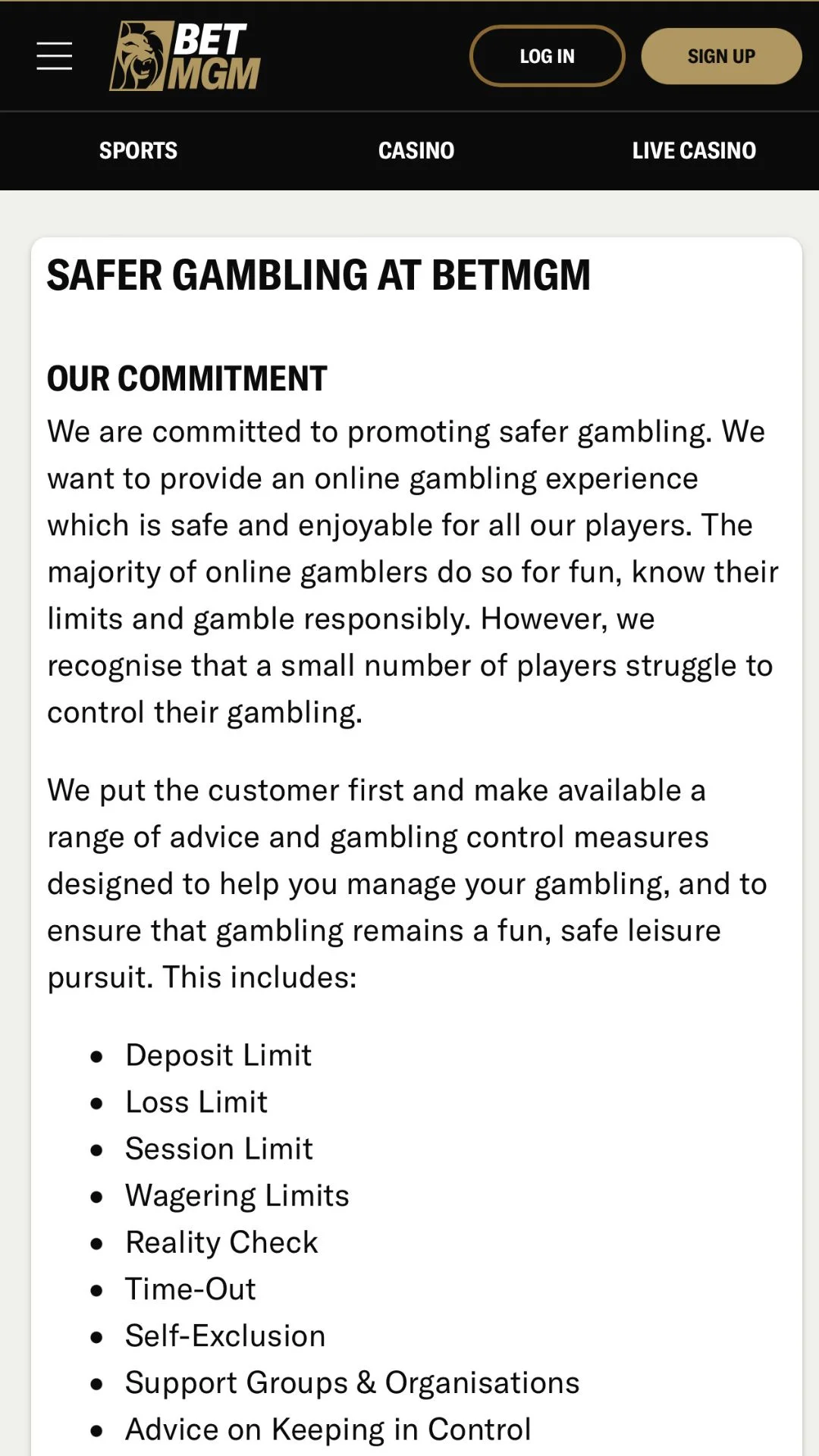 Screenshot for BetMGM Casino with caption: BetMGM Casino Safe Gambling