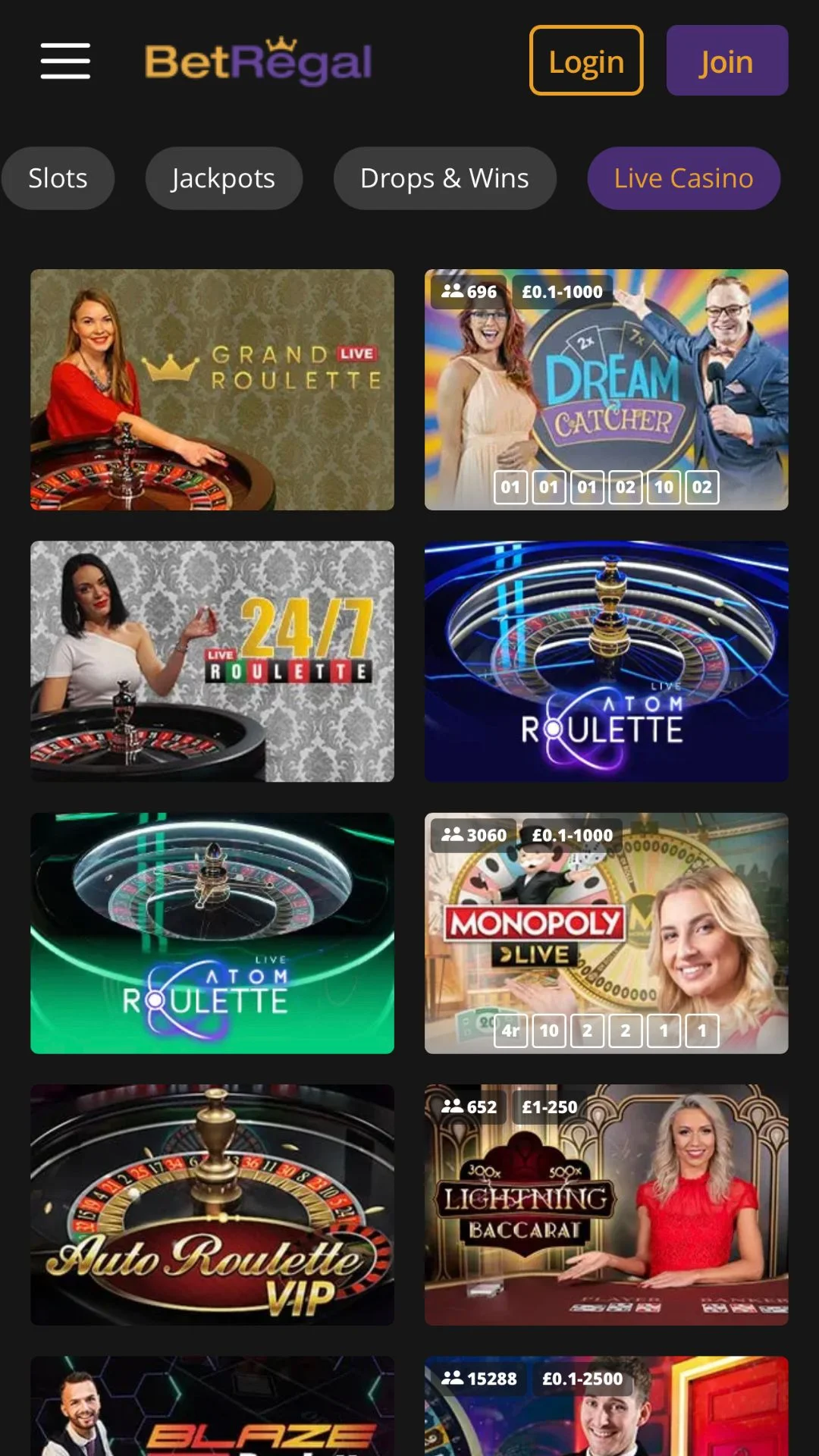 Screenshot for BetRegal Casino with caption: Betregal Live Casino