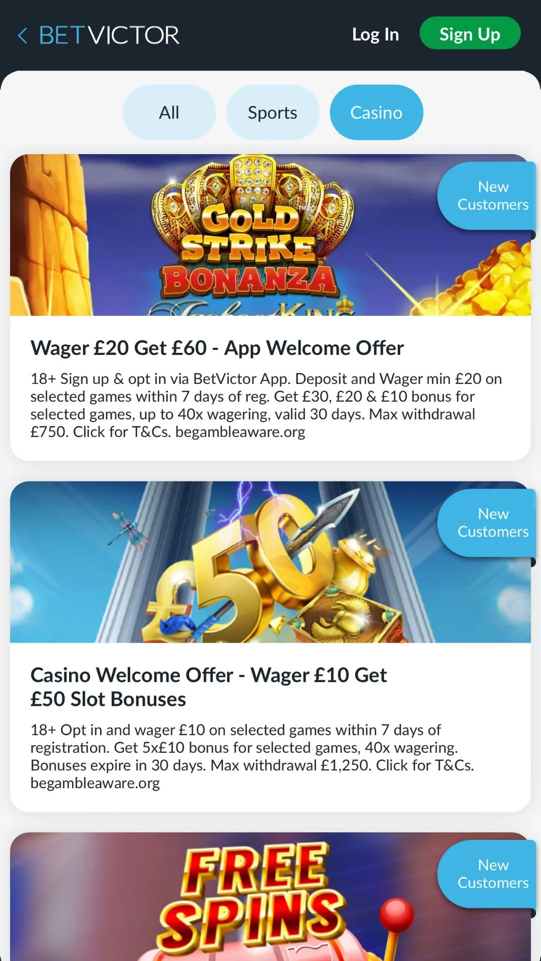 Screenshot for BetVictor Casino with caption: BetVictor Casino Promotions