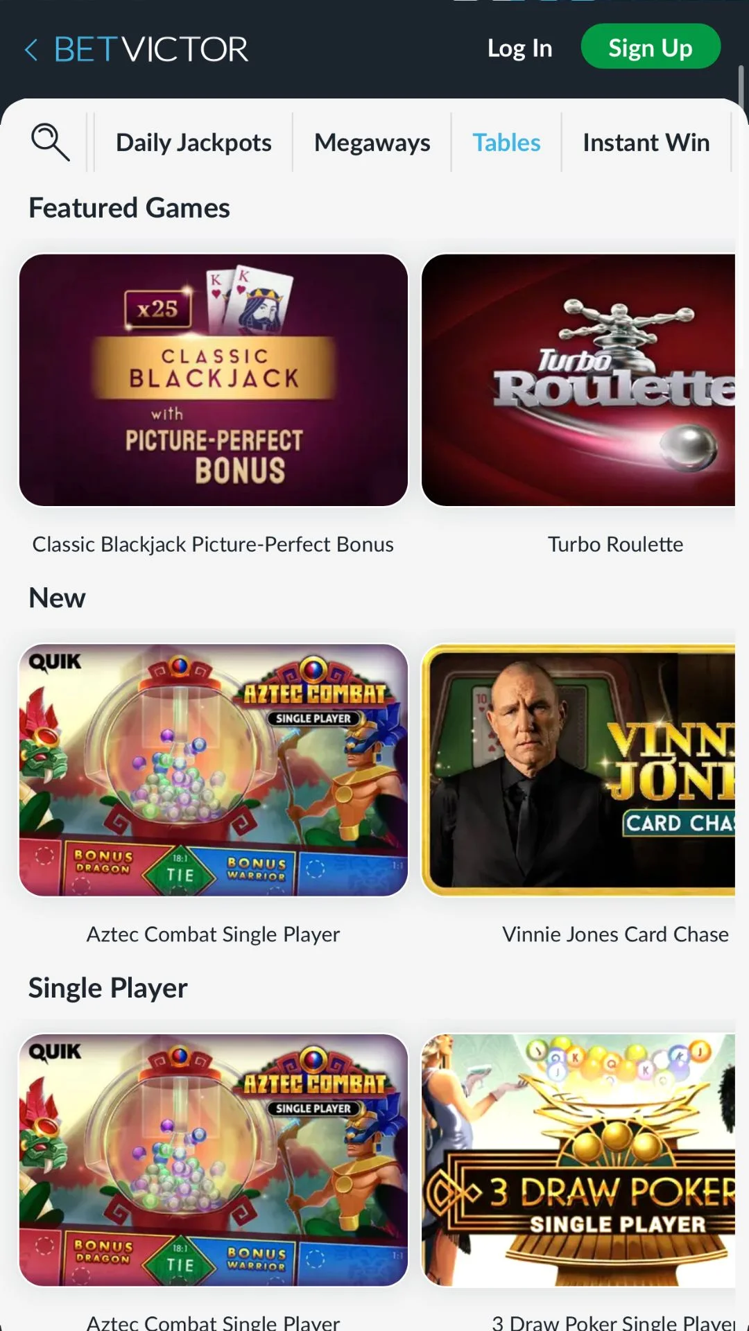 Screenshot for BetVictor Casino with caption: BetVictor Casino Table Games