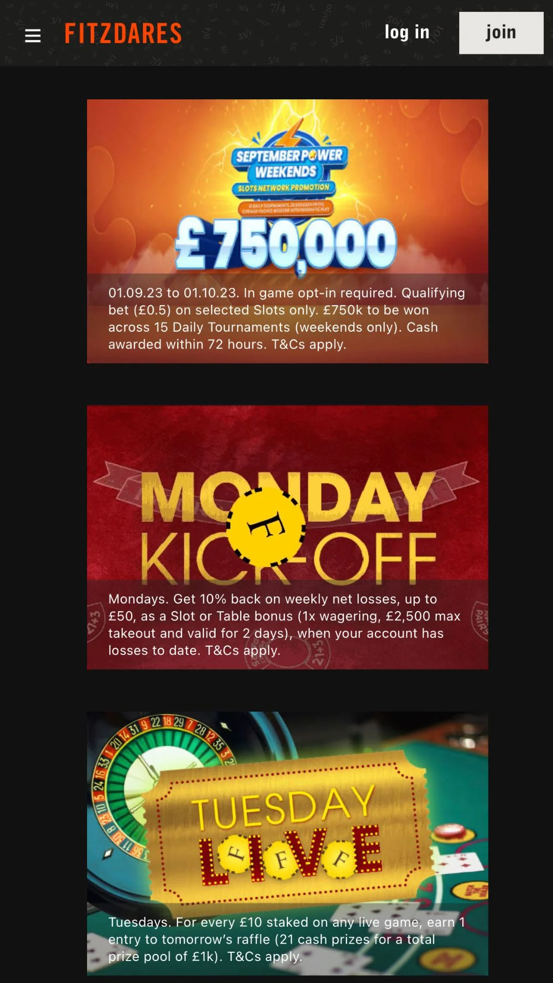 Screenshot for Fitzdares Casino with caption: Fitzdares Casino Promotions