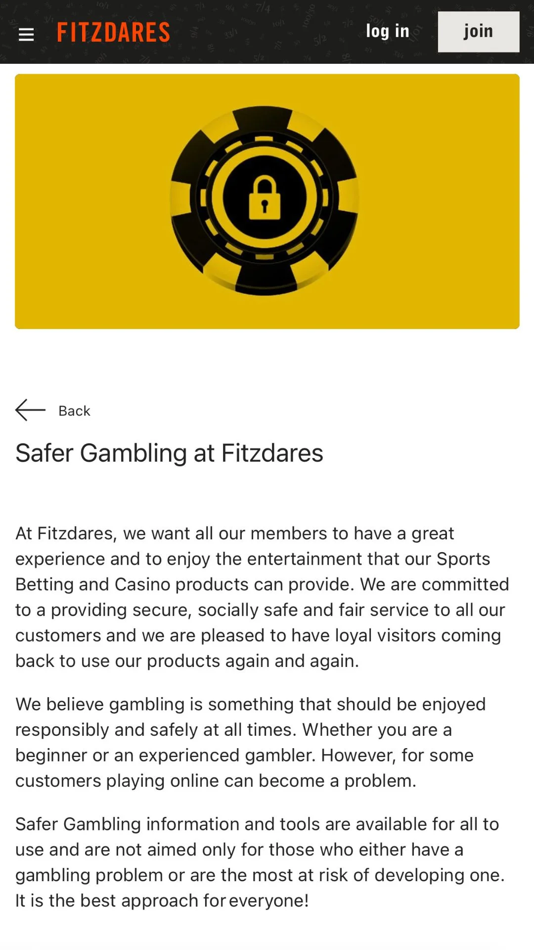 Screenshot for Fitzdares Casino with caption: Fitzdares Responsible Gambling