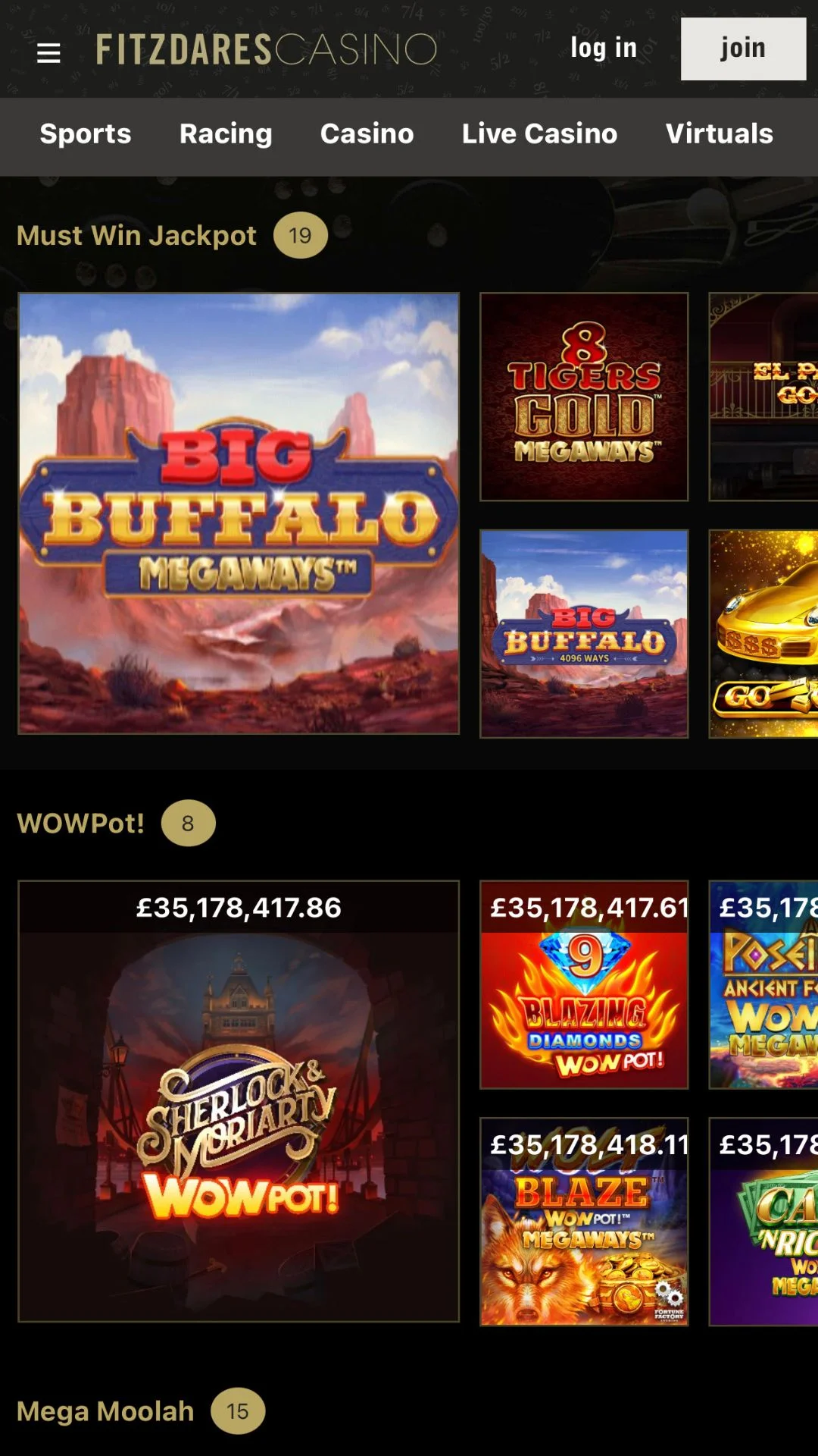 Screenshot for Fitzdares Casino with caption: Fitzdares Casino Jackpots