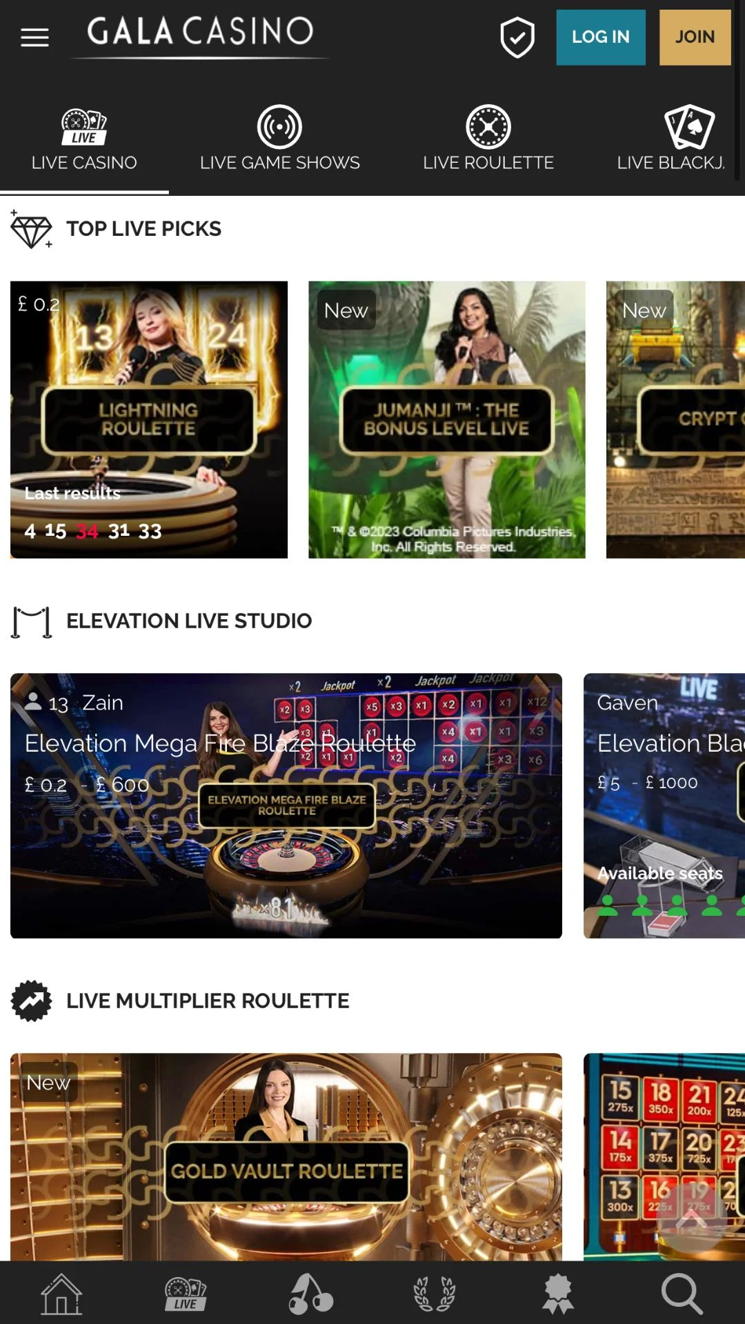 Screenshot for Gala Casino with caption: Gala Casino Live