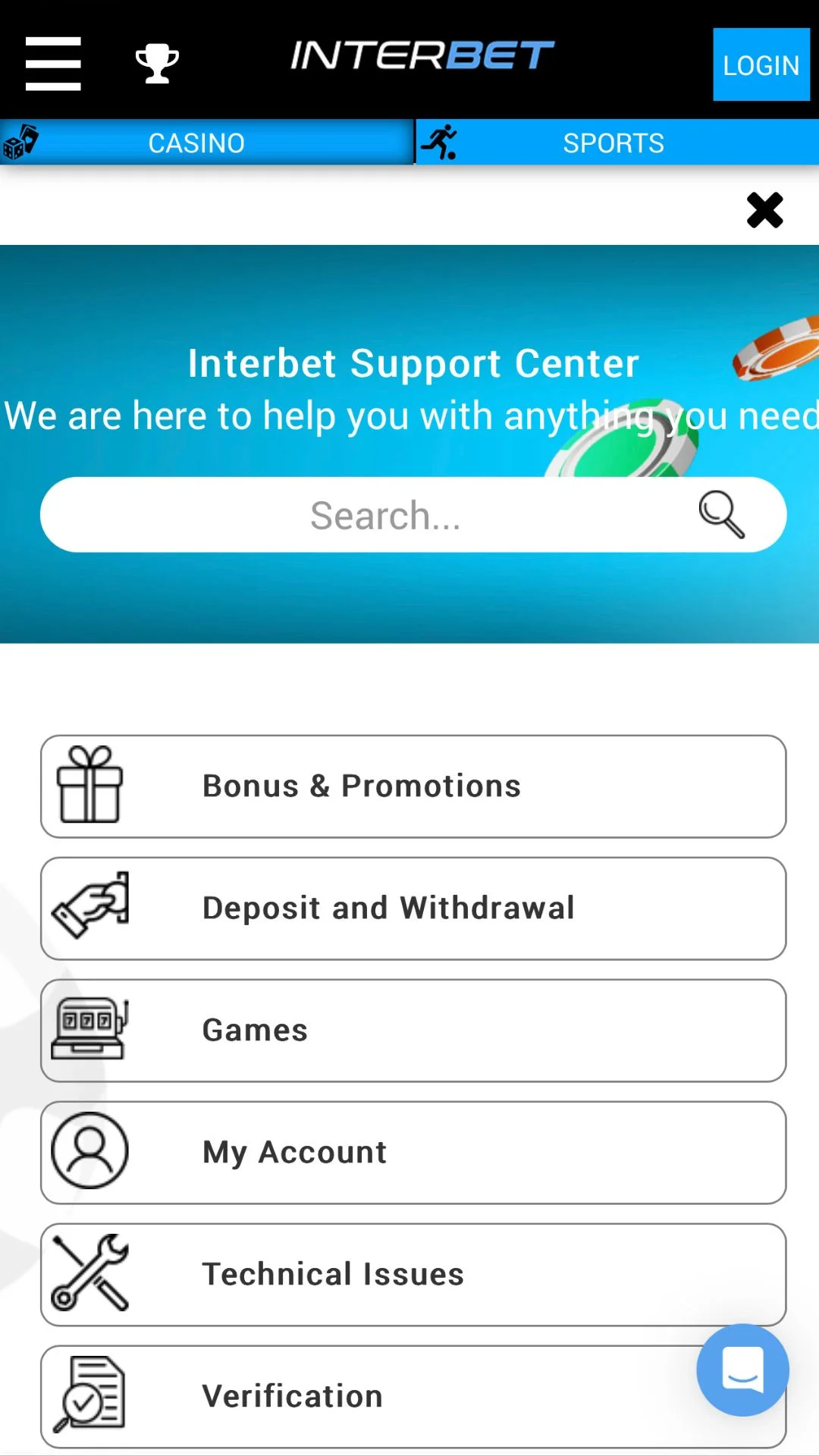 Screenshot for Interbet Casino with caption: Interbet Casino Support