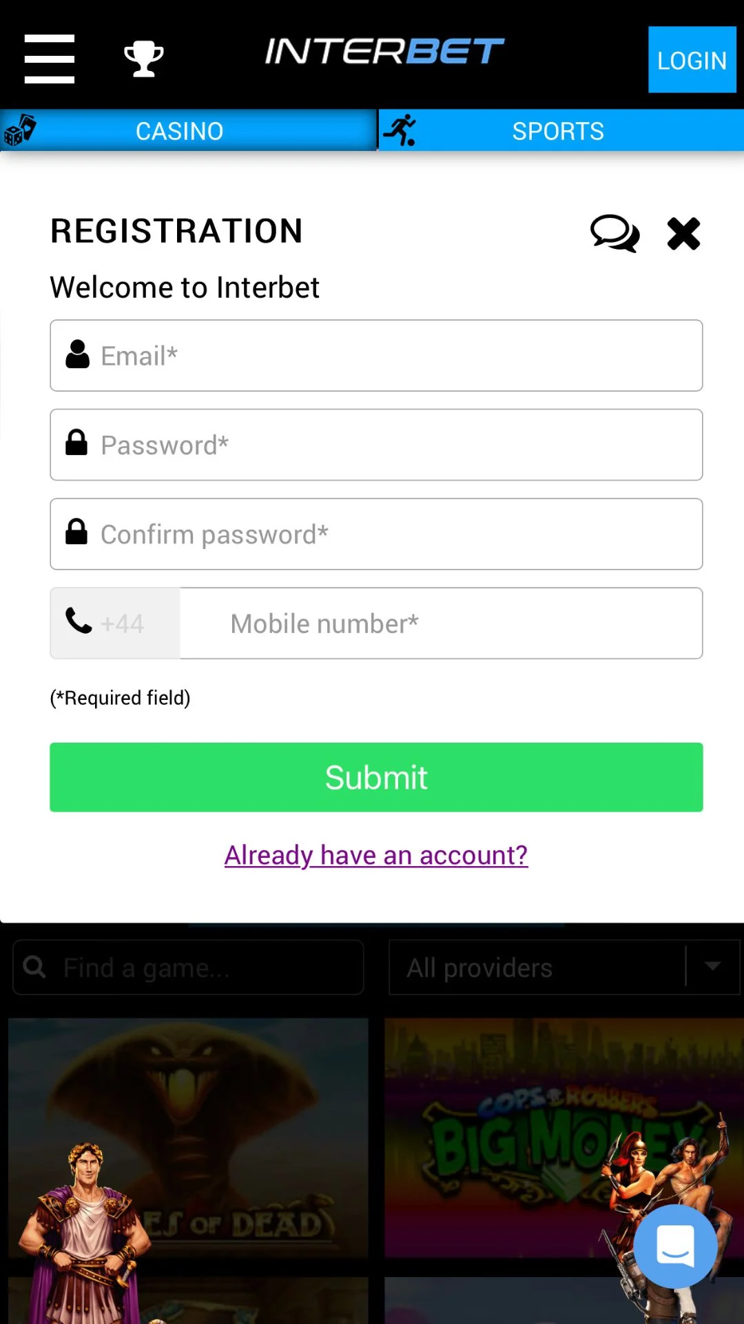 Screenshot for Interbet Casino with caption: Interbet Casino Sign Up