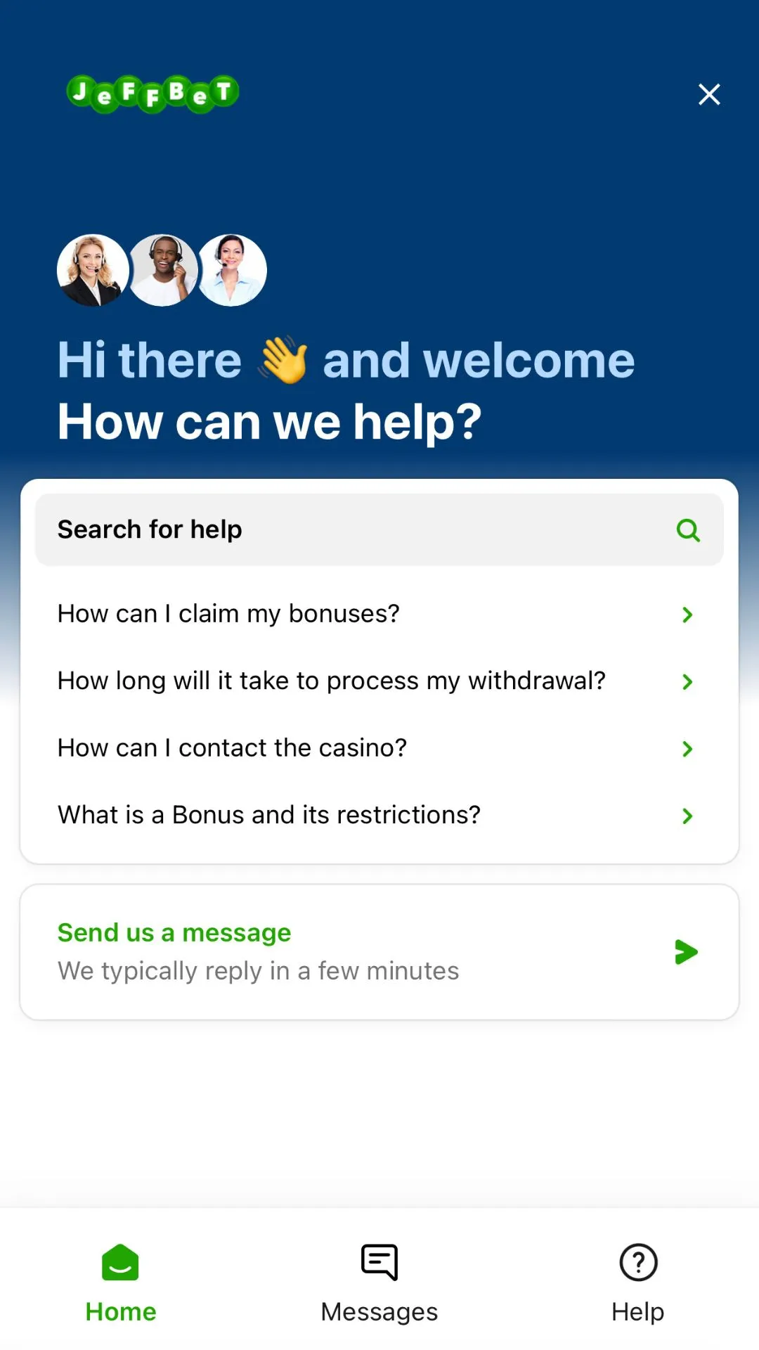 Screenshot for JeffBet Casino with caption: JeffBet Casino Support