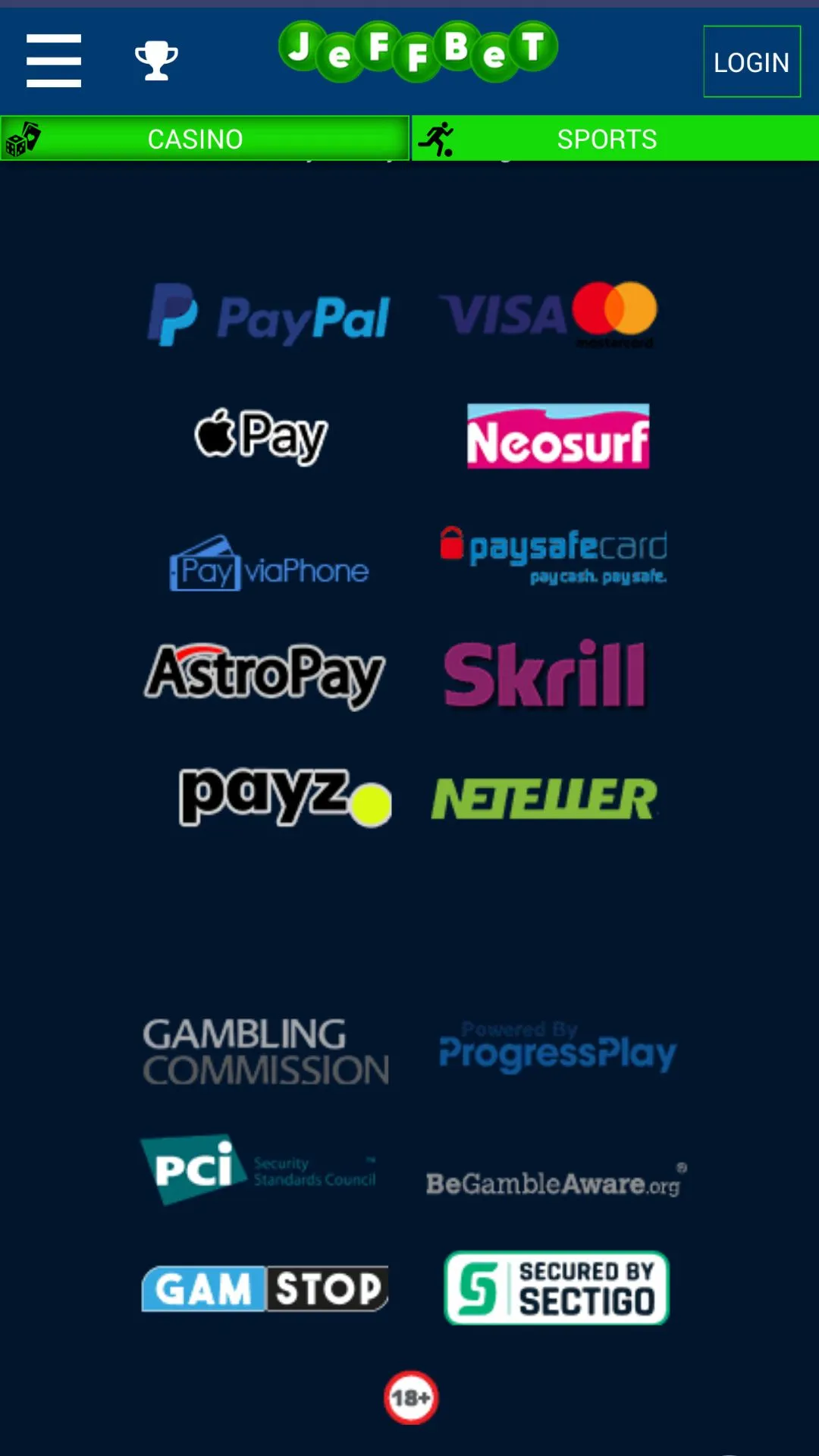 Screenshot for JeffBet Casino with caption: JeffBet Casino Payment Methods