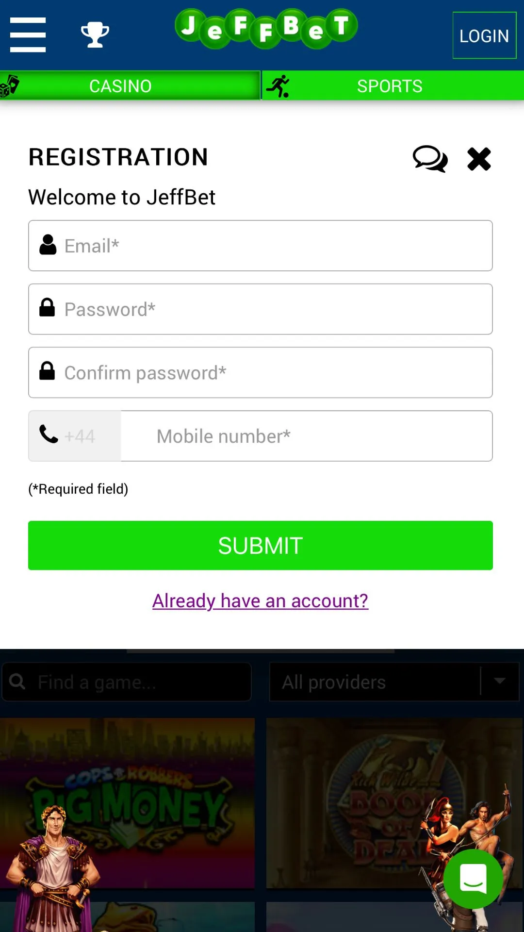 Screenshot for JeffBet Casino with caption: JeffBet Casino Registration