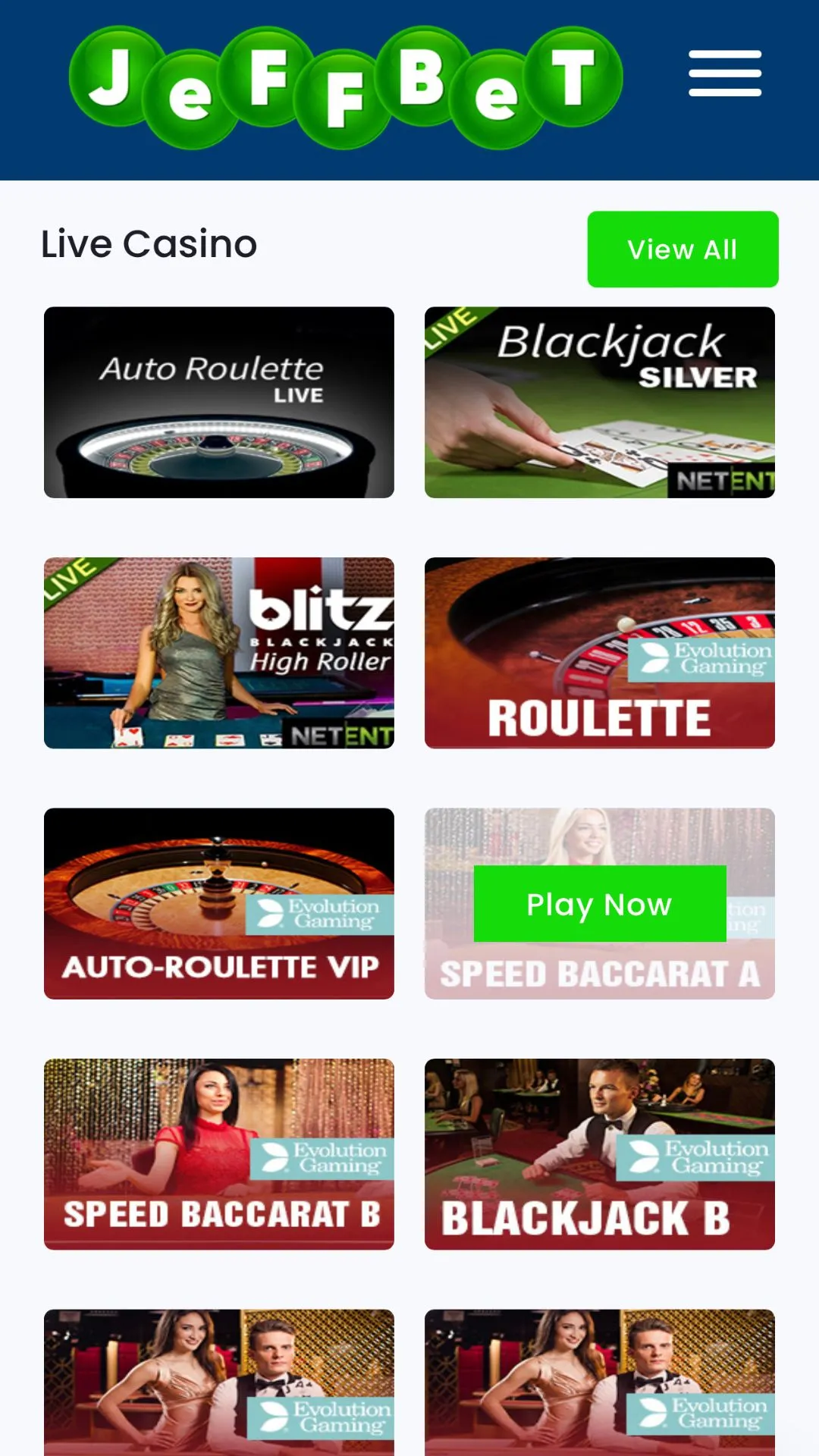 Screenshot for JeffBet Casino with caption: JeffBet Live Casino