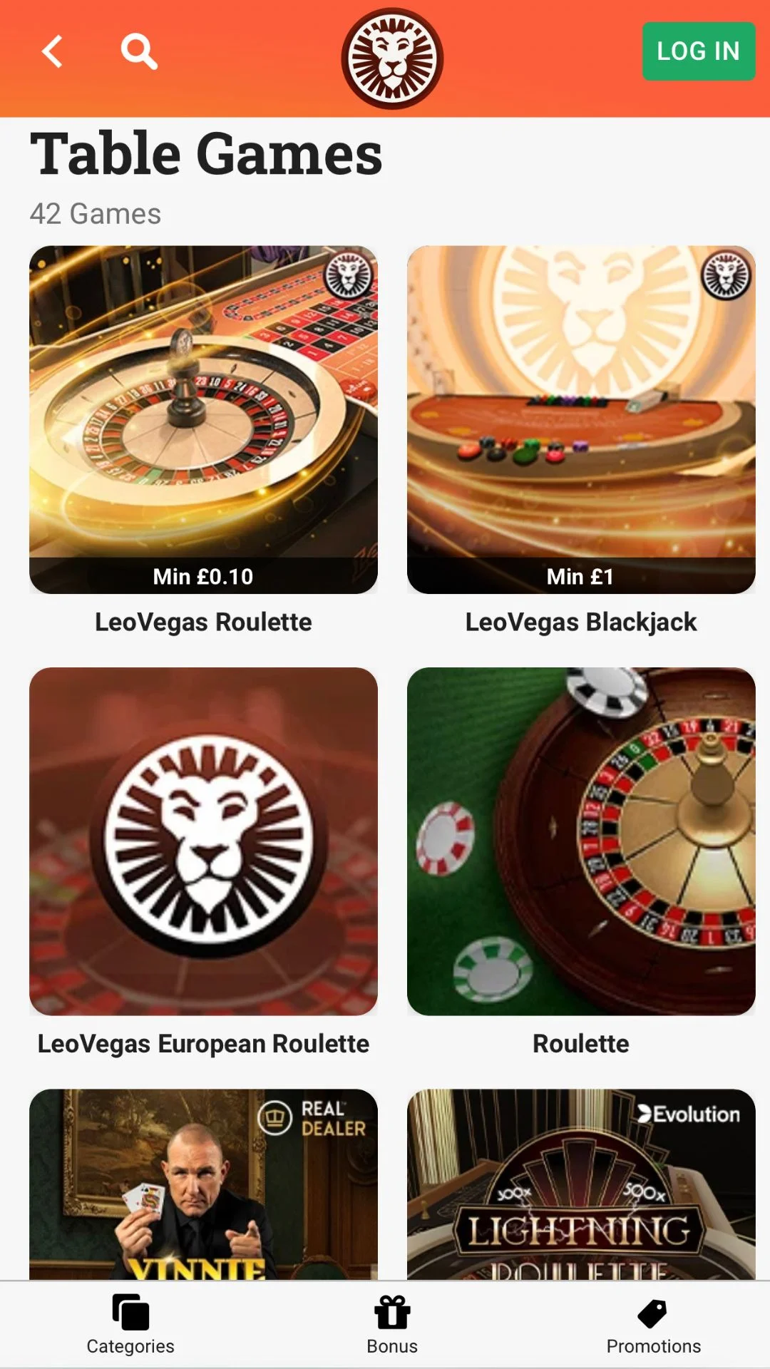 Screenshot for LeoVegas Casino with caption: LeoVegas Table Games