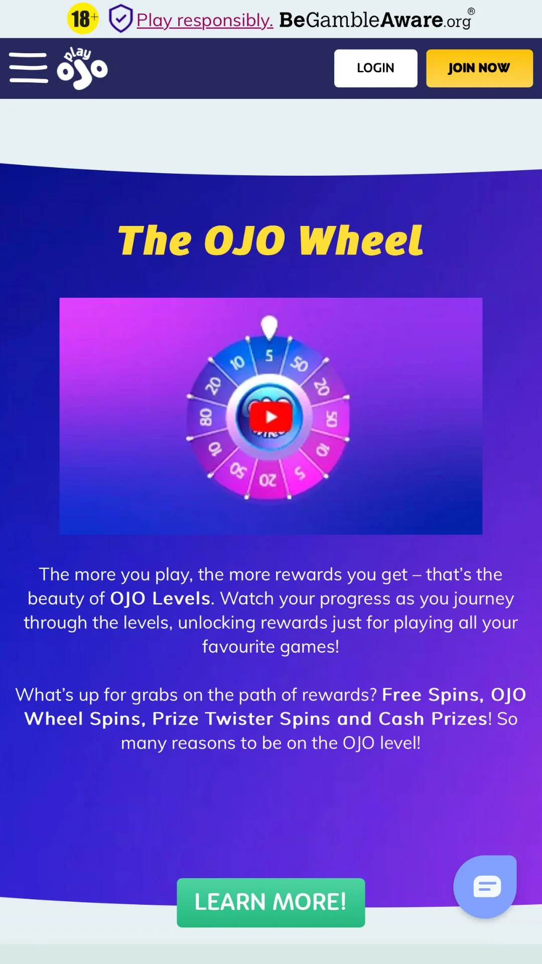 Screenshot for PlayOJO Casino with caption: PlayOJO Casino Offers