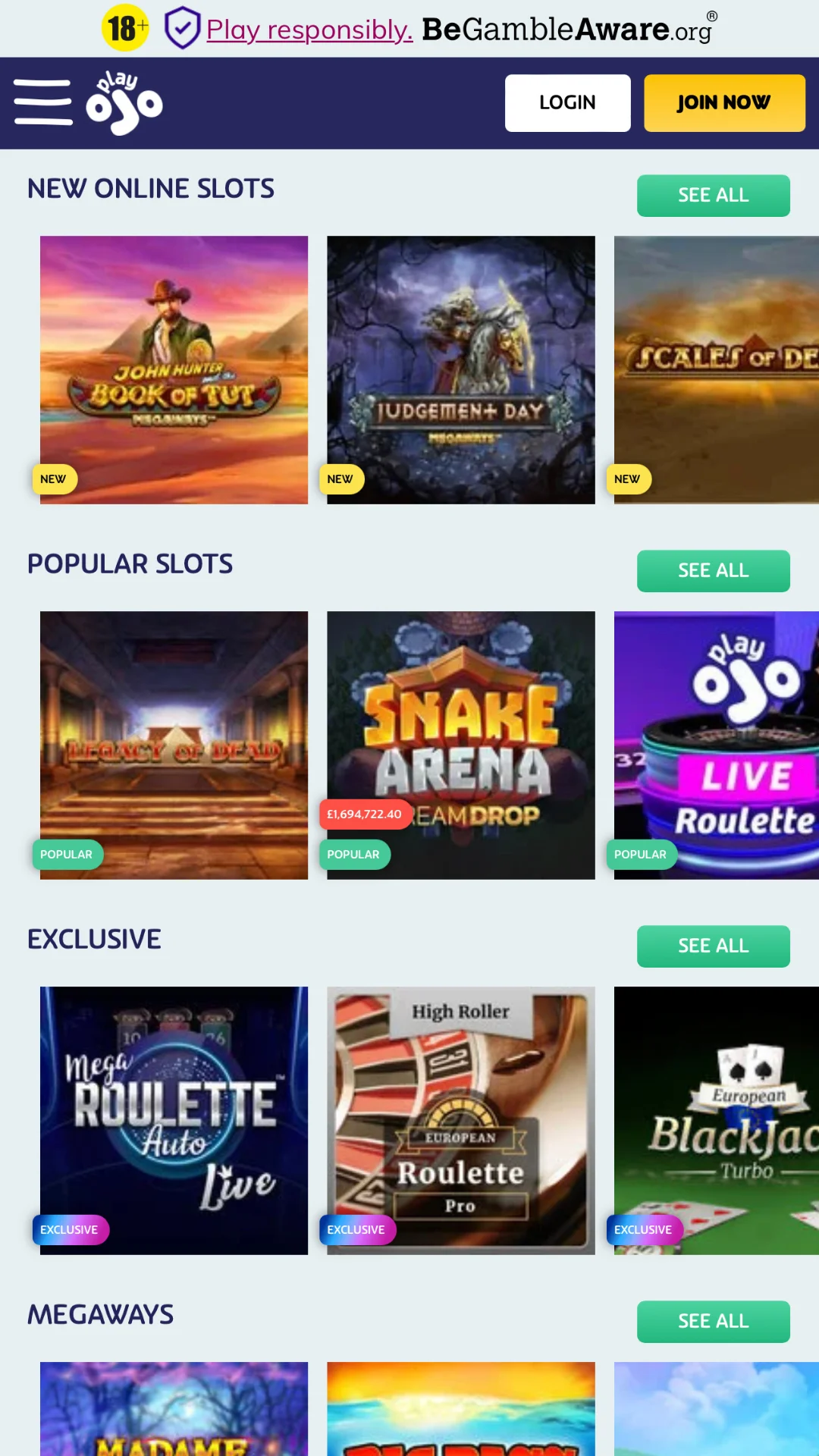 Screenshot for PlayOJO Casino with caption: PlayOJO Casino Slots