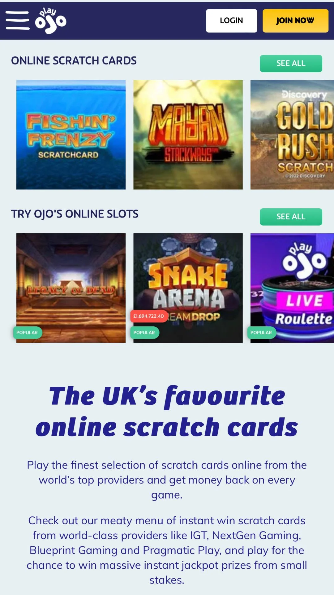 Screenshot for PlayOJO Casino with caption: PlayOJO Casino Scratchcards