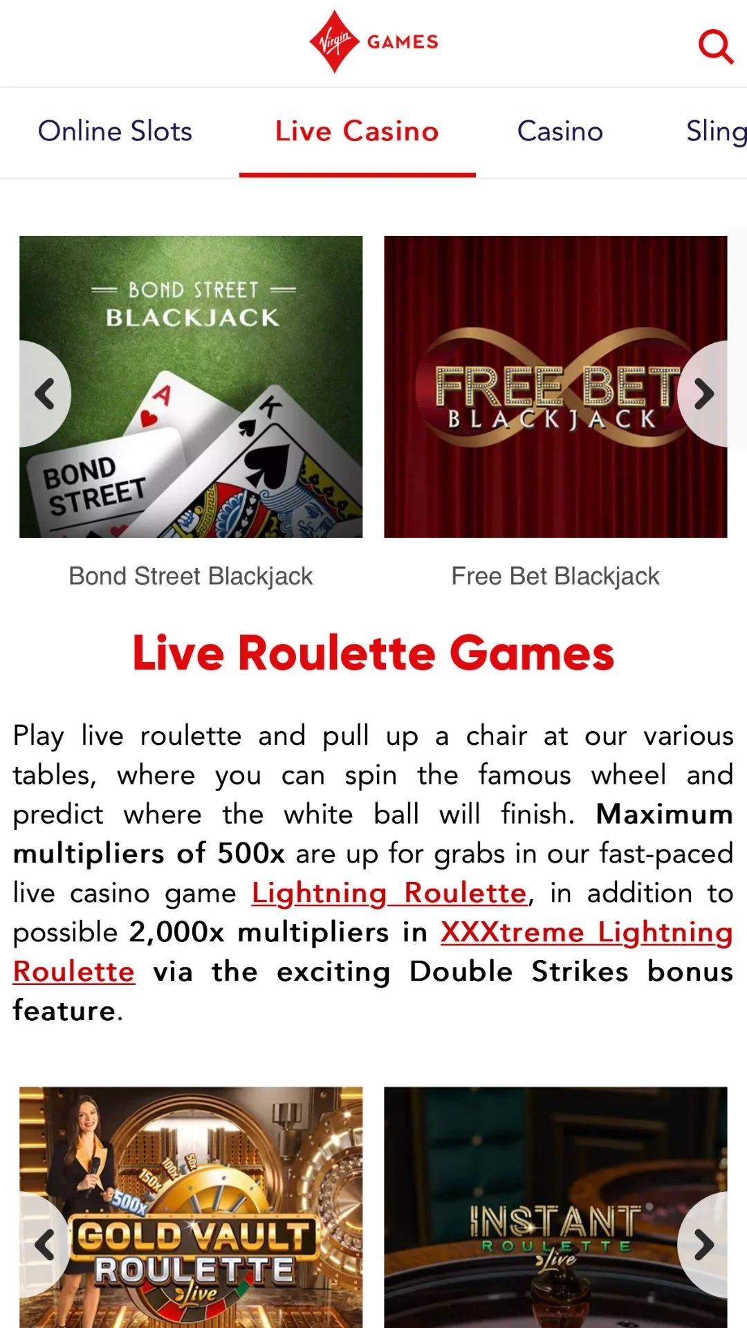 Screenshot for Virgin Games Casino with caption: Virgin Games Live Casino Games