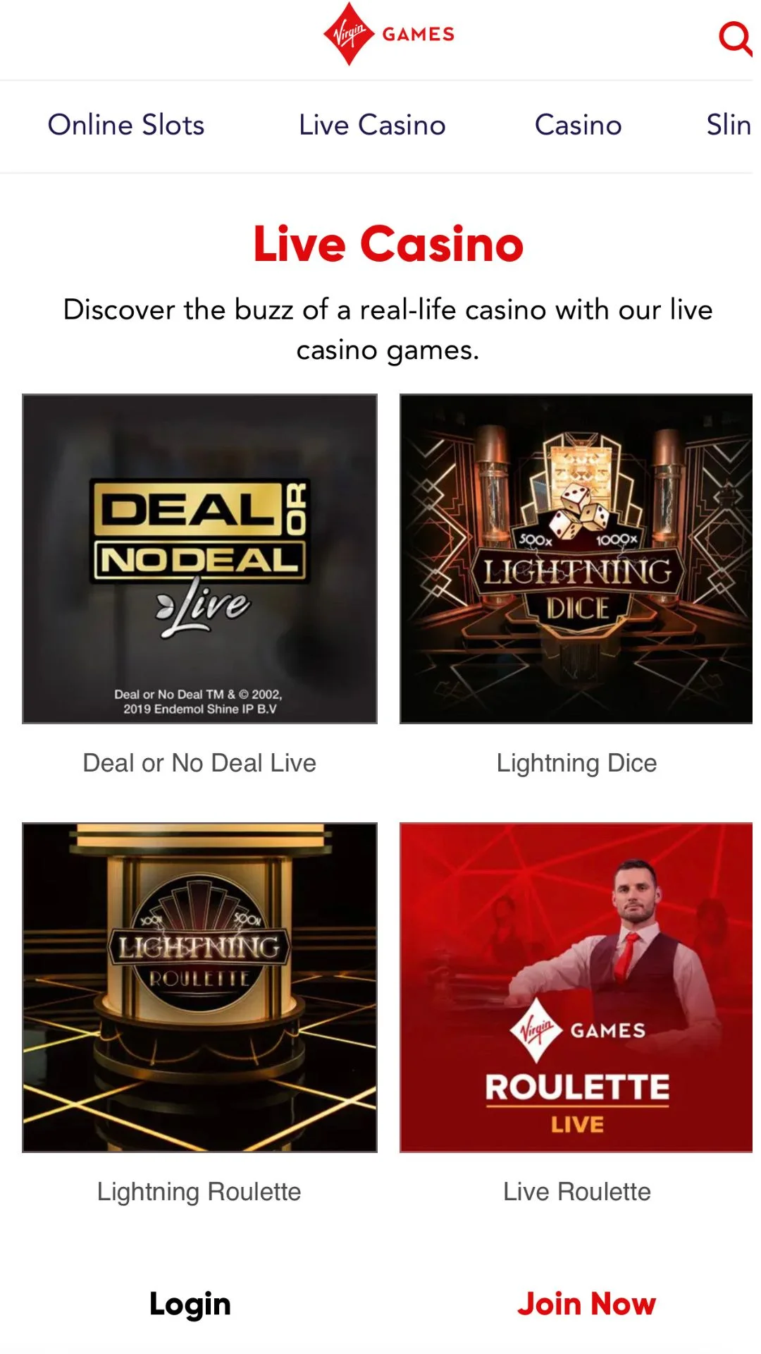 Screenshot for Virgin Games Casino with caption: Virgin Games Live