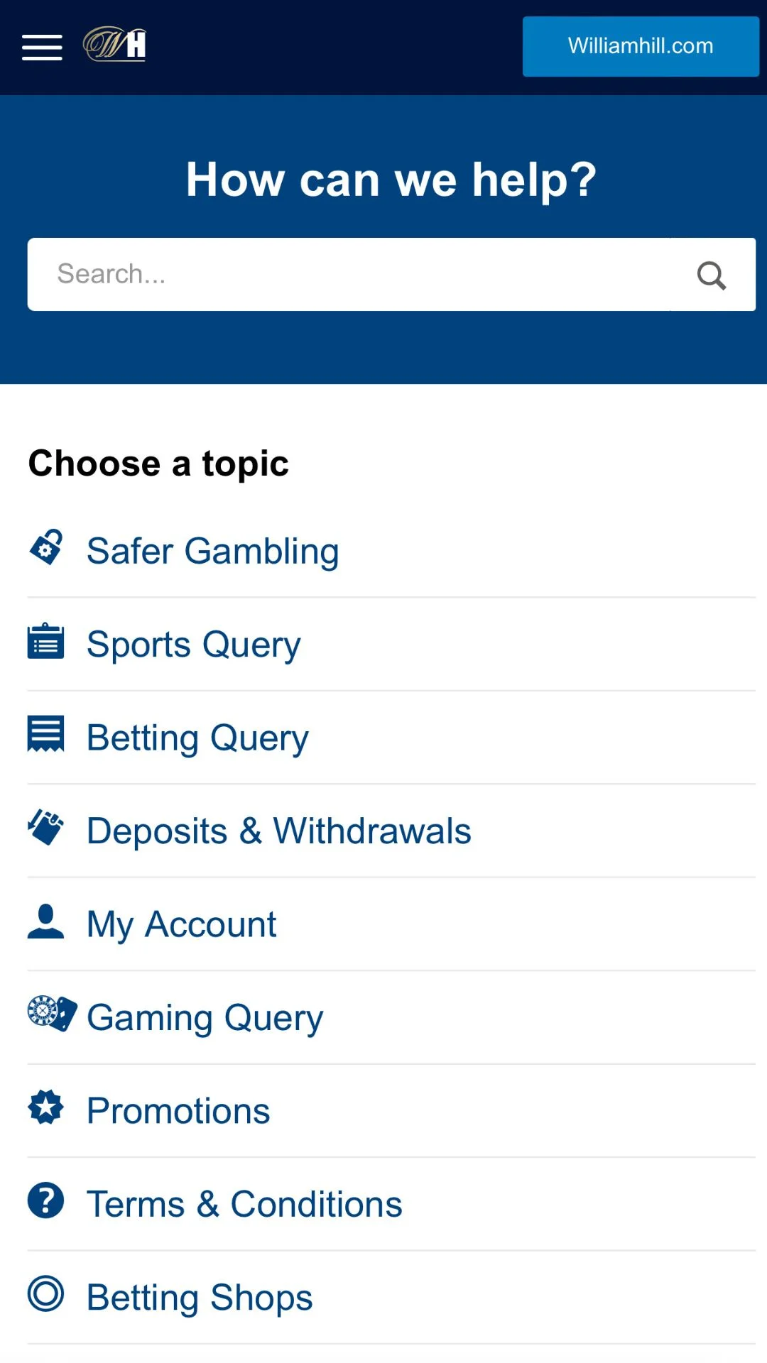 Screenshot for William Hill Vegas Casino with caption: William Hill Vegas Help