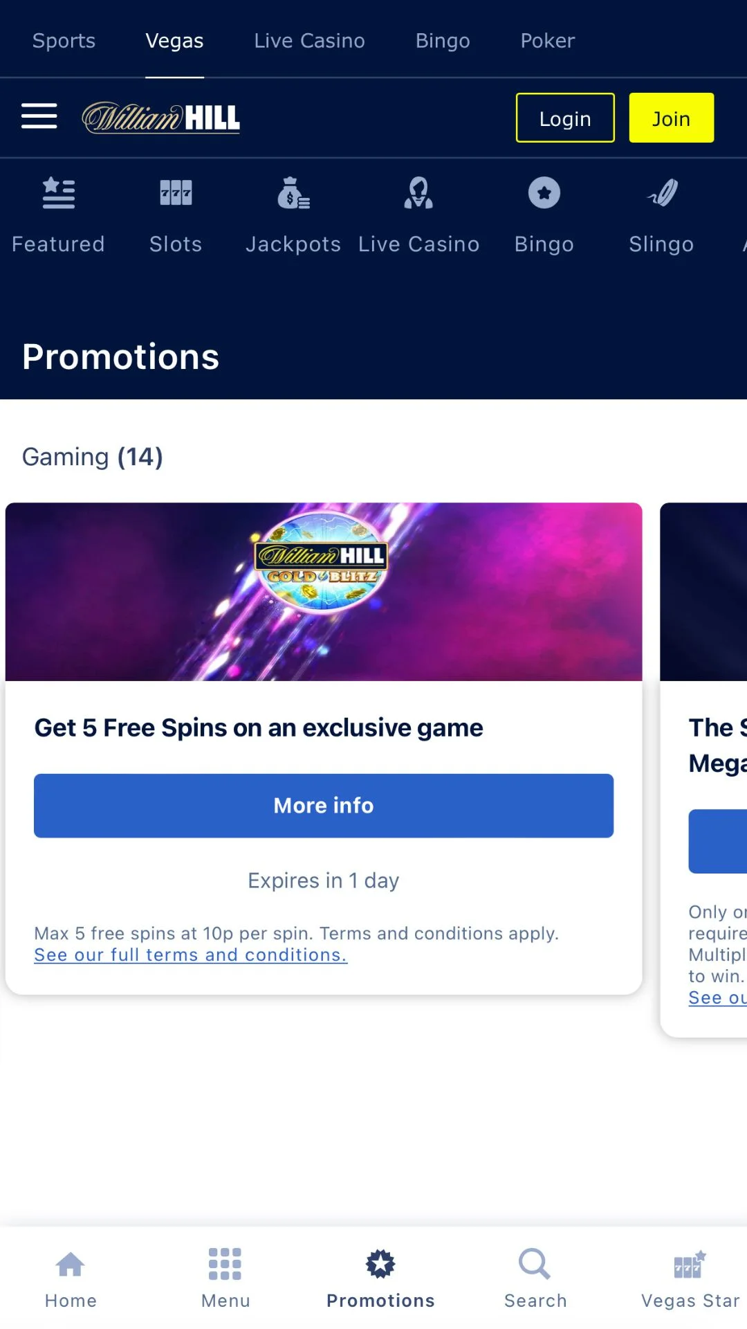 Screenshot for William Hill Vegas Casino with caption: William Hill Promotions.jpg