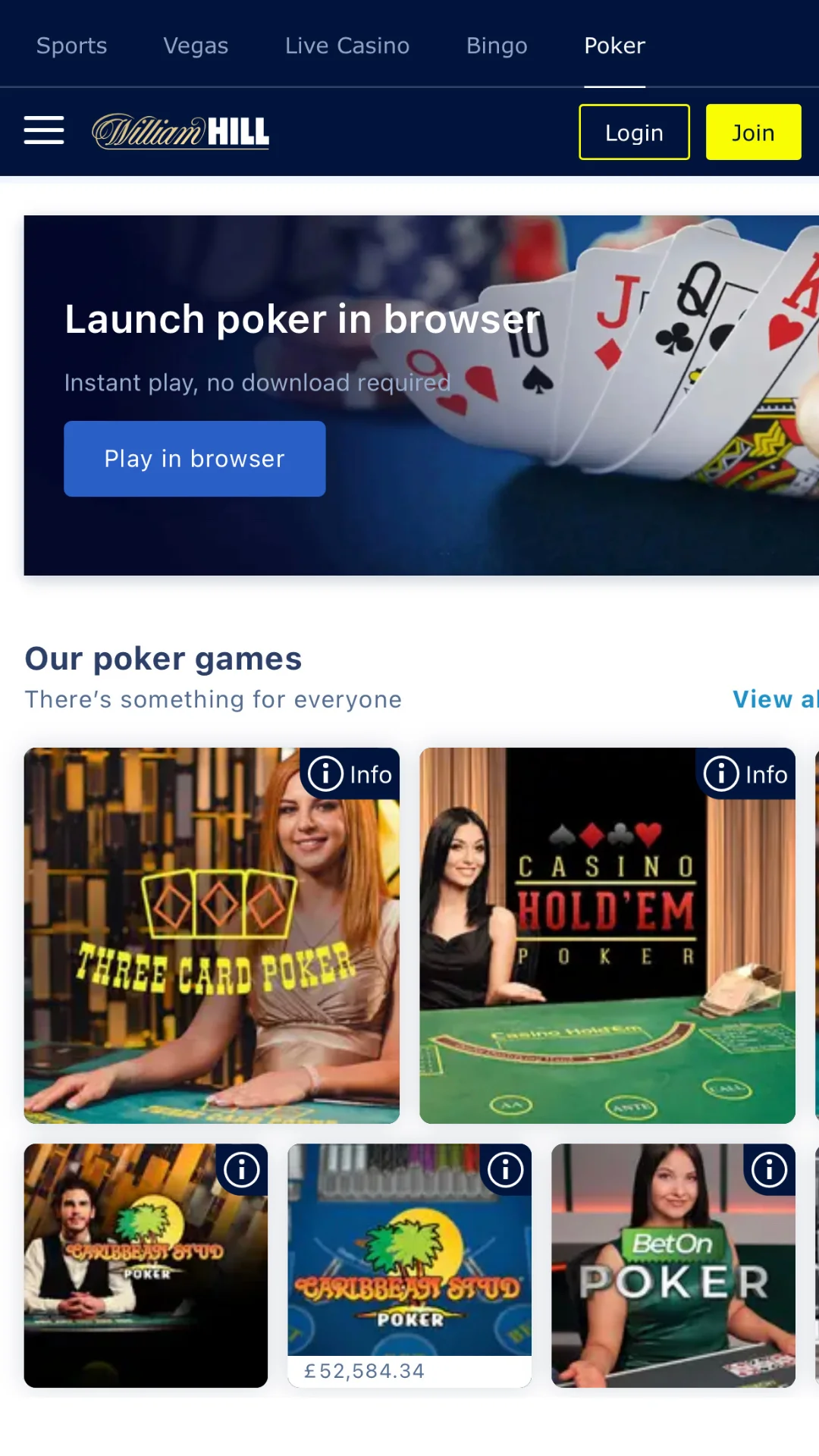 Screenshot for William Hill Vegas Casino with caption: William Hill Vegas Poker