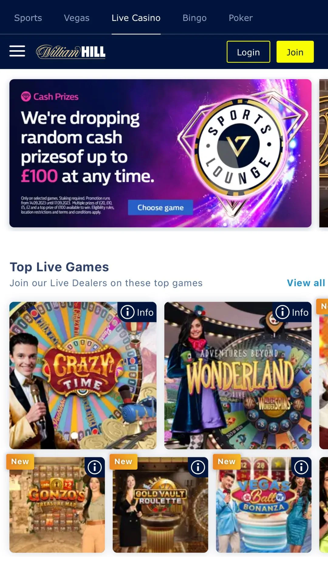 Screenshot for William Hill Vegas Casino with caption: William Hill Vegas Live